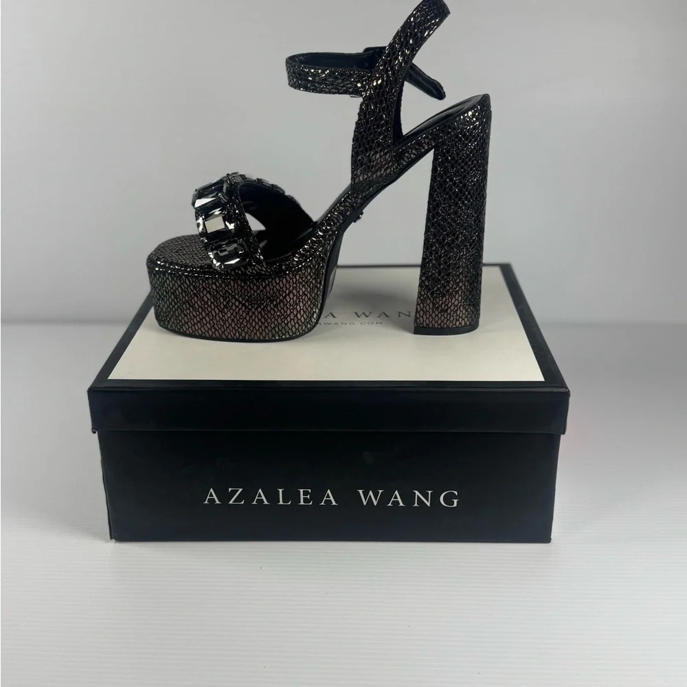 Azalea Wang Kamilla Platform Heels Black Crystal Chunky Heel Size 6-9 NIB